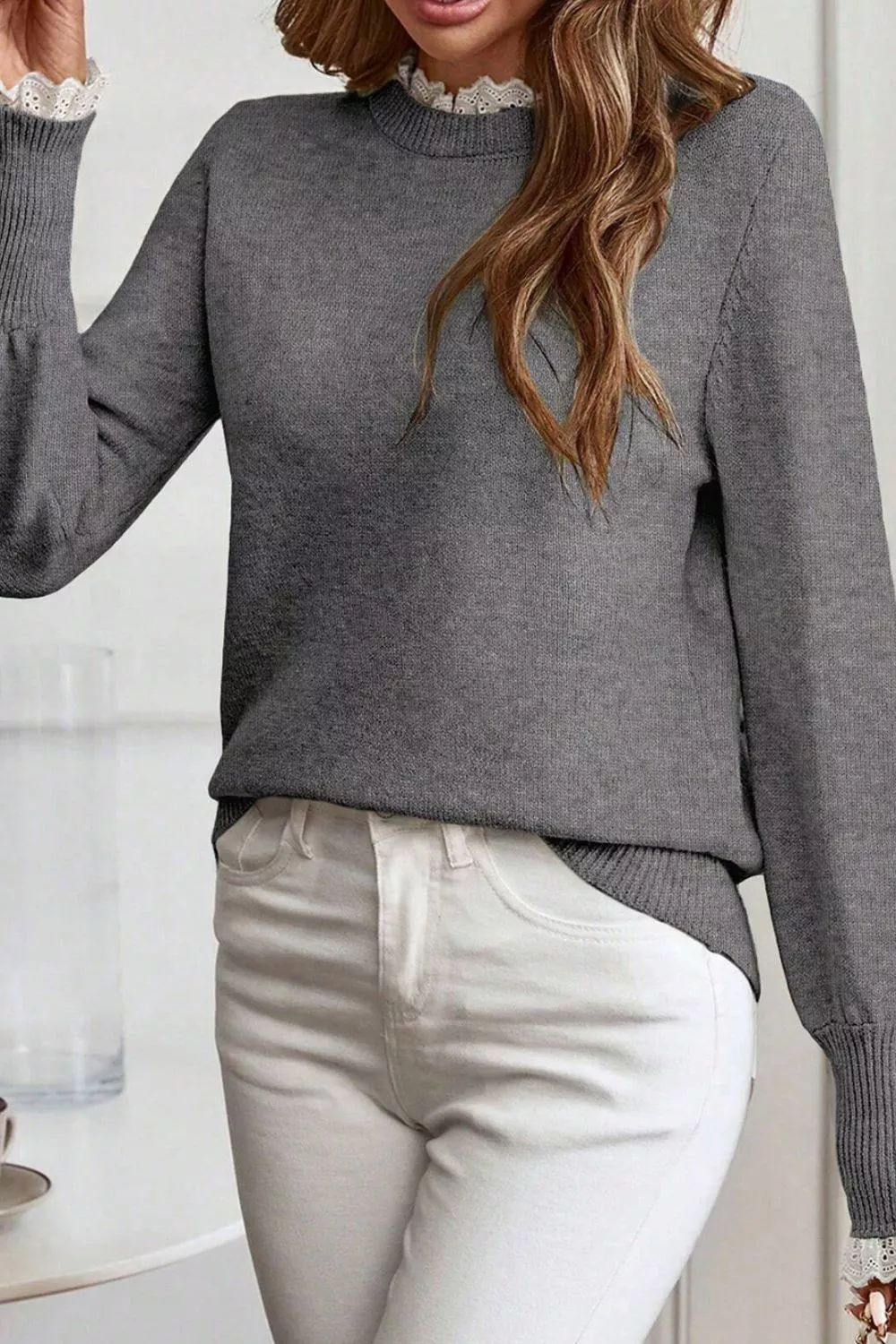 Lace Trim Mock Neck Sweater, image 2