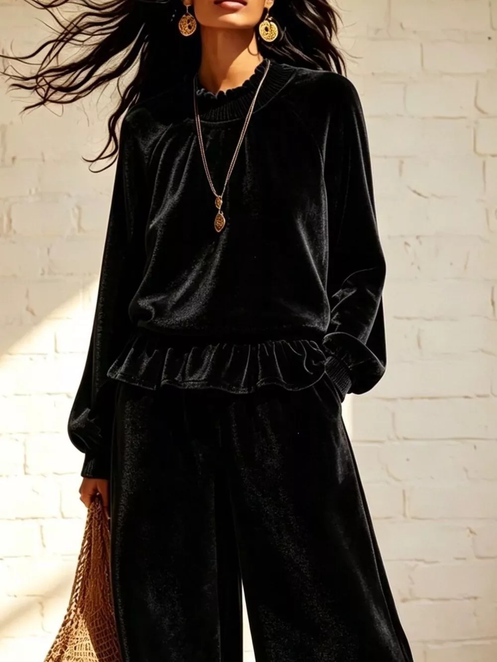Velvet Peplum Top and Wide-Leg Pants Set, image 9