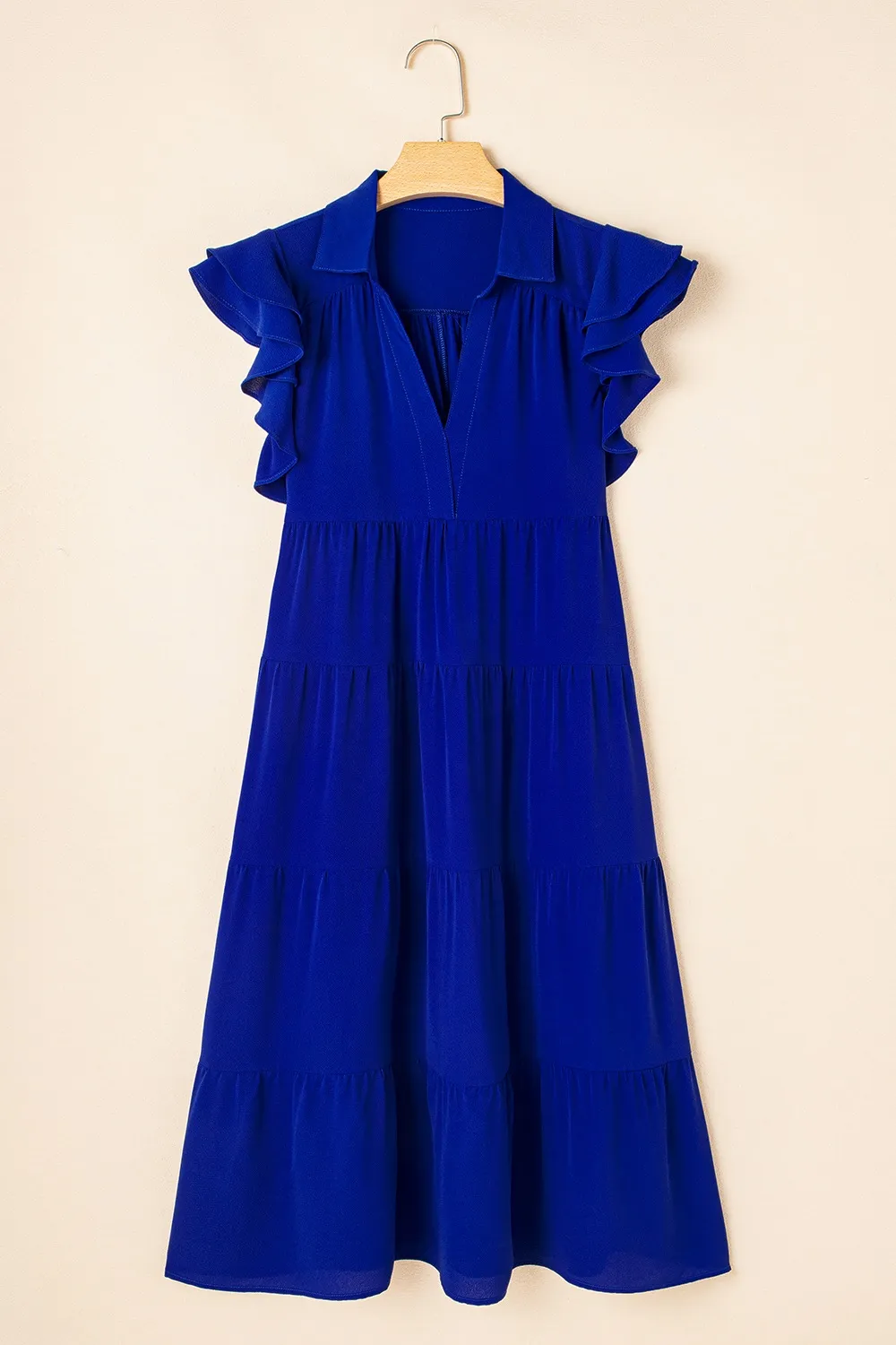 Ruffled Short Sleeve Collared V Neck Tiered Midi Dress, image 5