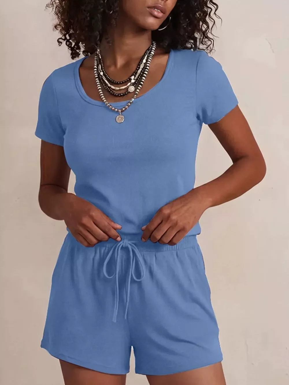 Solid Color Short Sleeve Tee and Shorts Set, image 24