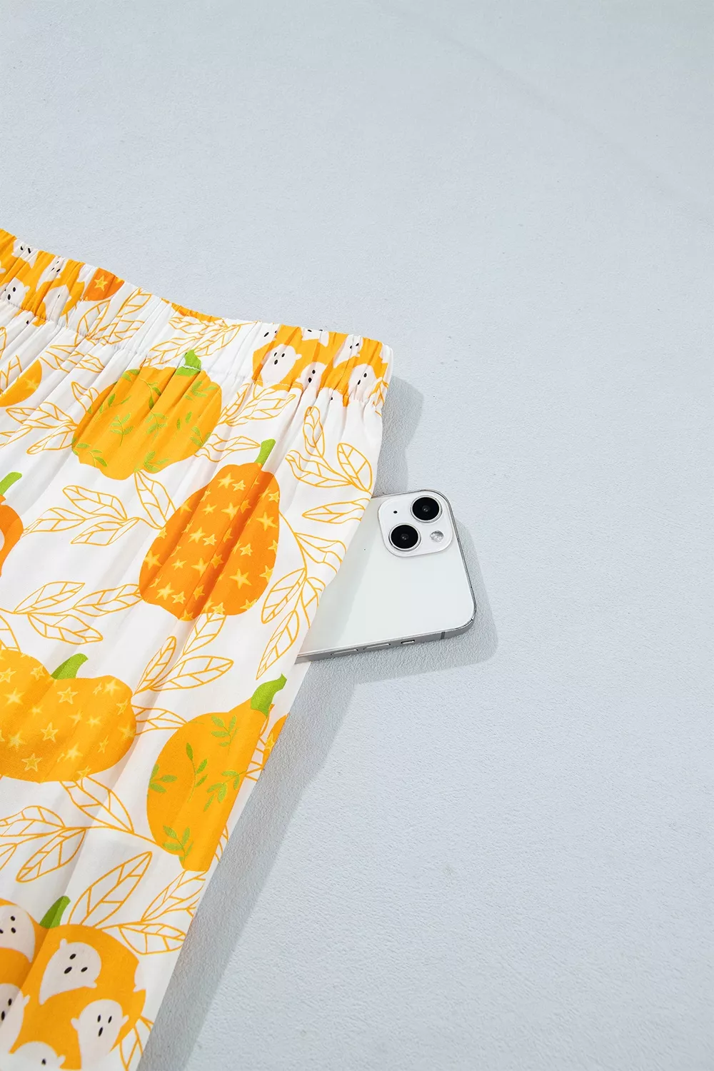 Short Sleeve Pumpkin Print Polka Dot Trim Pocket Placket Lounge Set, image 13