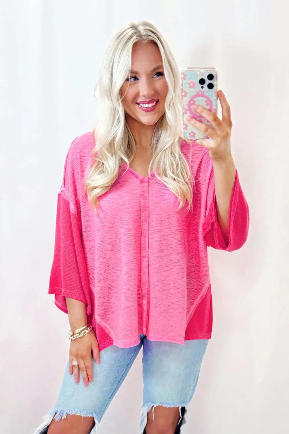 Exposed Seam V-Neck Three-Quarter Sleeve Blouse, image 5