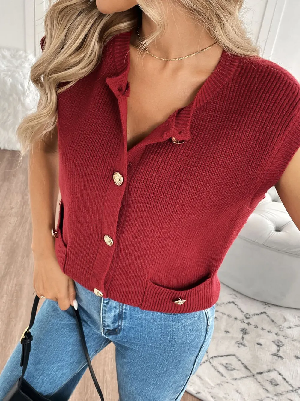 Pocketed Round Neck Cap Sleeve Cardigan, image 3