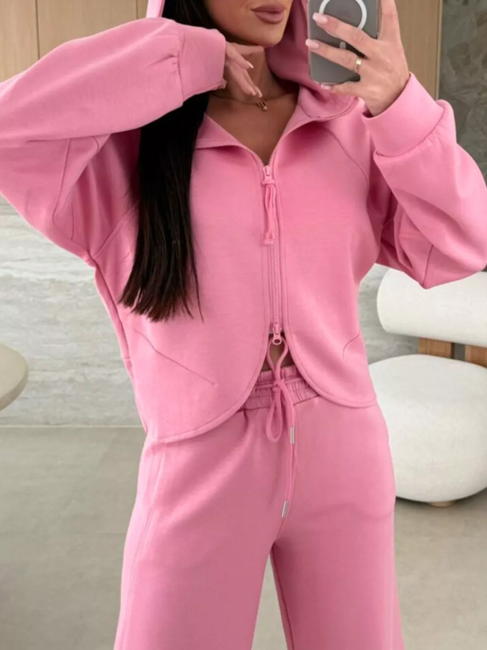 Solid Color Zip Up Hoodie Drawstring Loose Pants Set, image 3