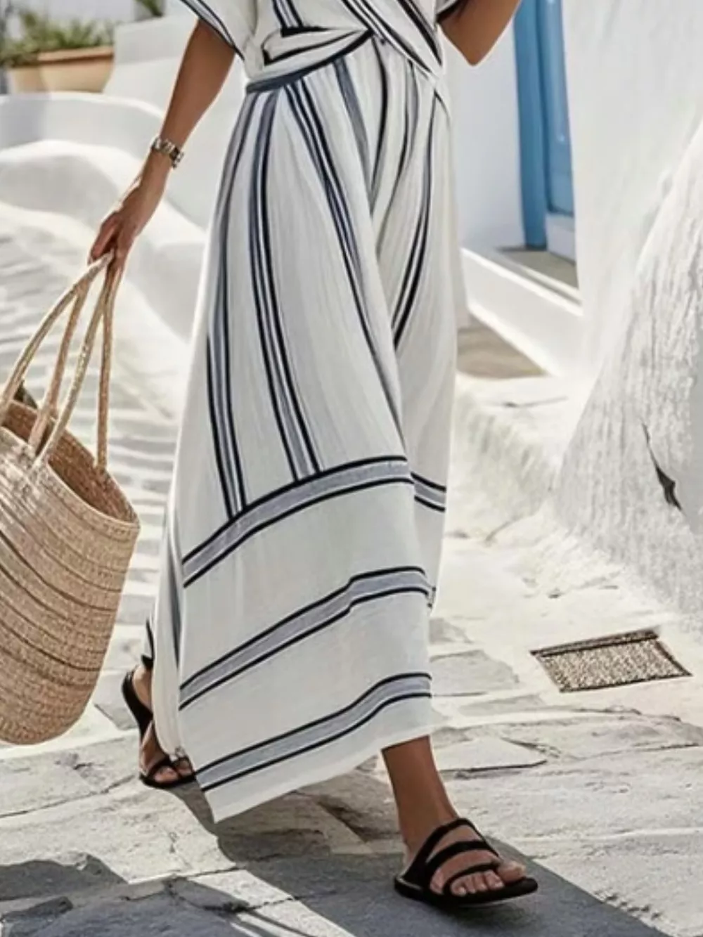 Full Size Striped Surplice Half Sleeve Midi Dress Plus Size, image 4