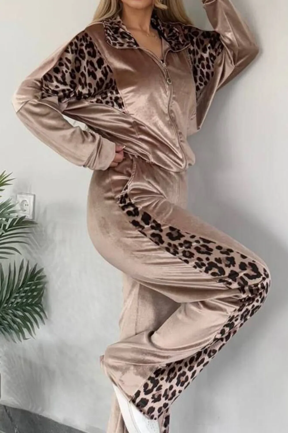 Full Size Collared Neck Leopard Zip Up Top and Pants Set Plus Size, image 4