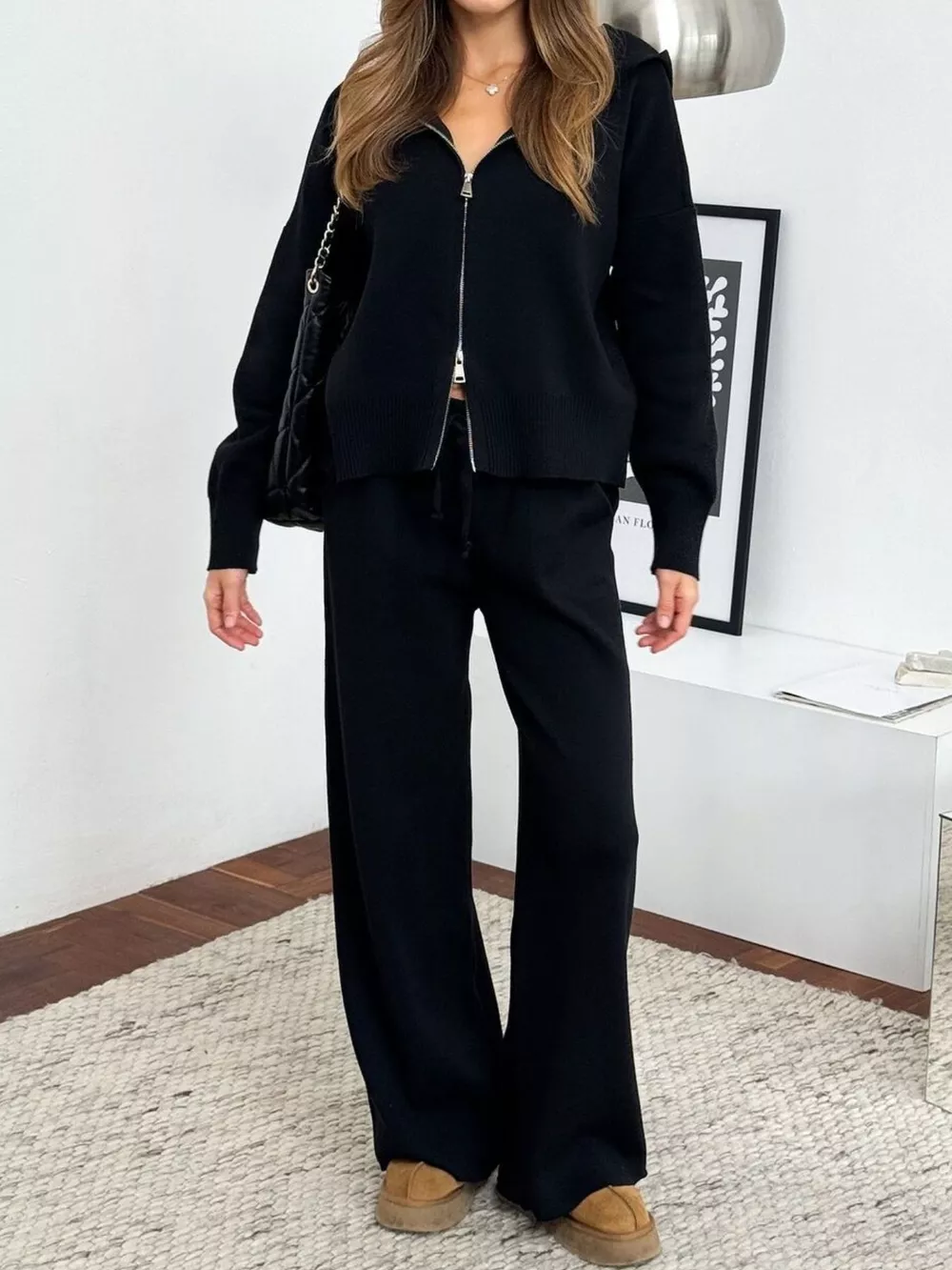 Zip Up Cardigan and Drawstring Wide Leg Pants Knit Set