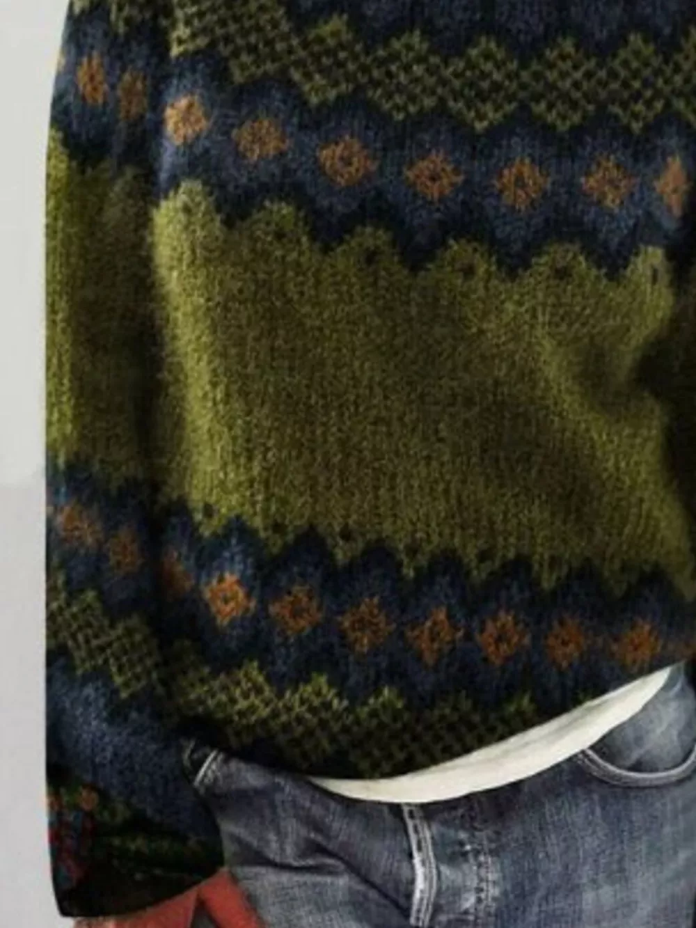 Full Size Vintage Patterned Round Neck Sweater Plus Size, image 3