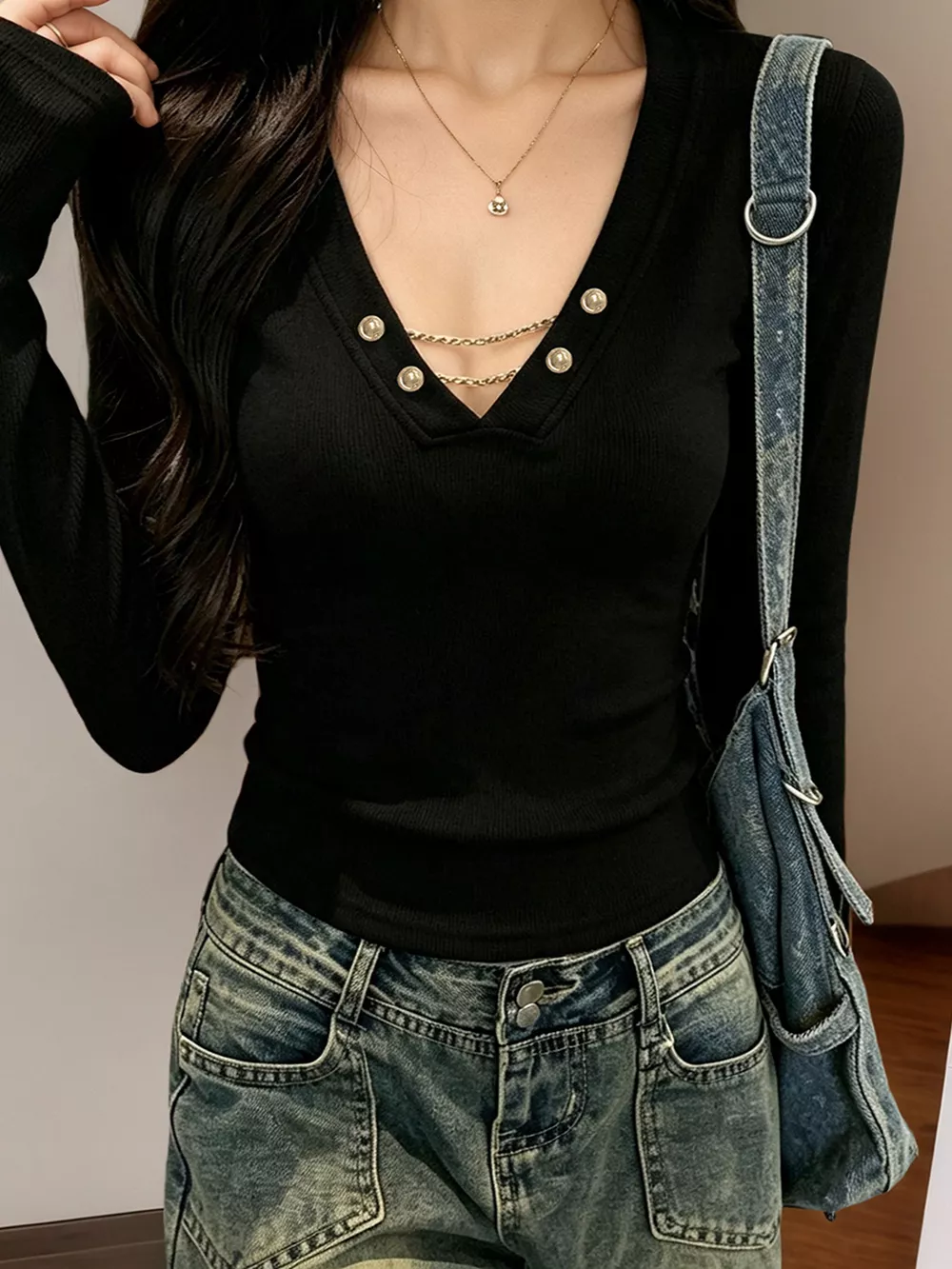 Decorative Pearl Buttons V-Neck Long Sleeve T-Shirt, image 6