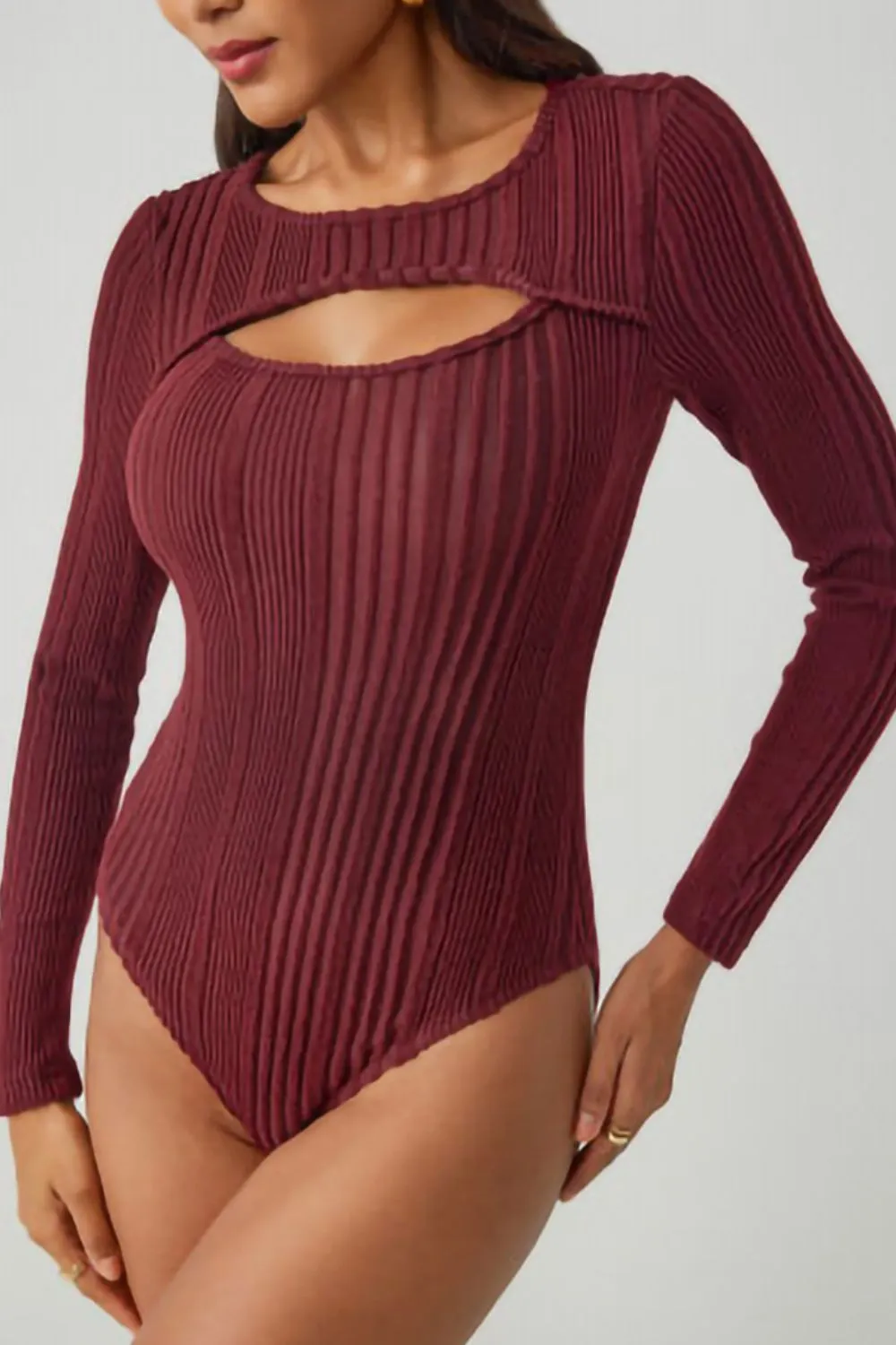 Ribbed Cutout Round Neck Bodysuit, image 6