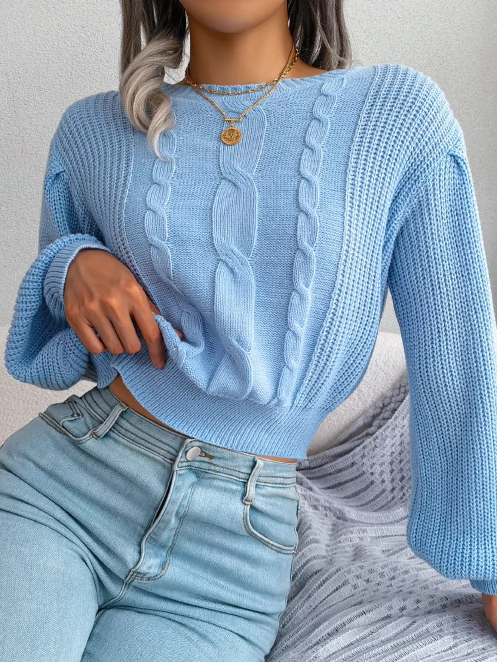 Cable Knit Round Neck Cropped Sweater, image 7