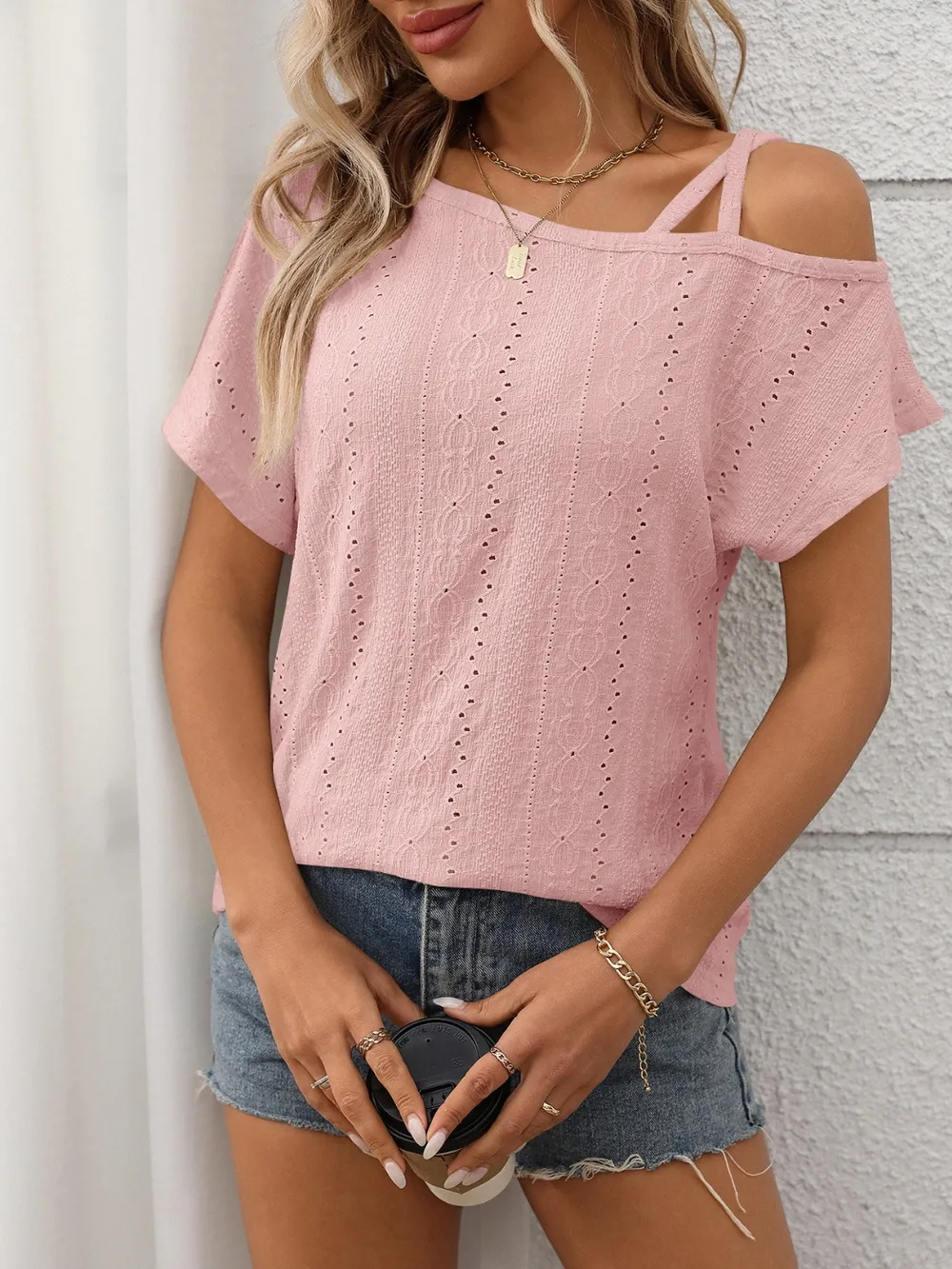 Eyelet Asymmetrical Shoulder Short Sleeve T-Shirt, image 16