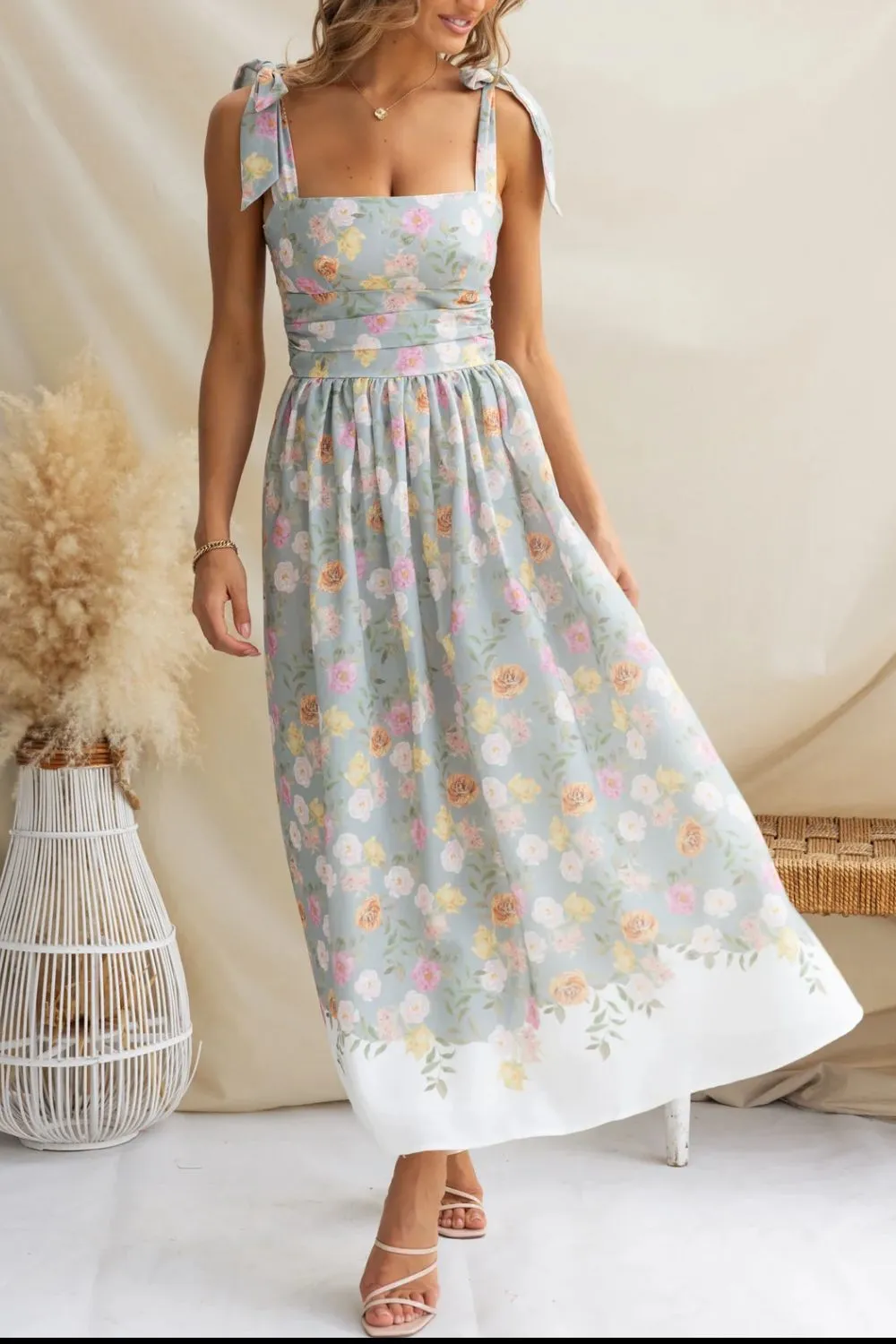 Printed Tie Shoulder Midi Cami Dress, image 3