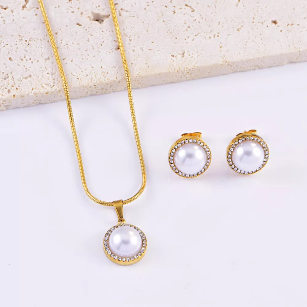 Synthetic Pearl 18K Gold-Plated Rhinestone Necklace and Earrings Jewelry Set, image 3