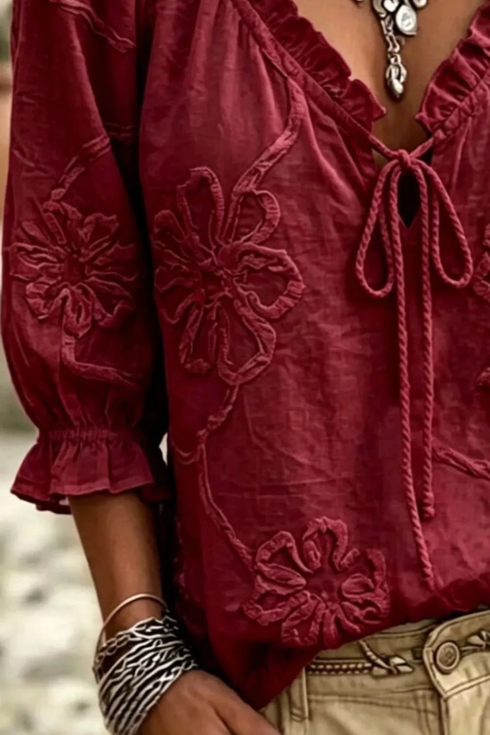 Floral Tie Neck 3/4 Sleeve Blouse, image 3