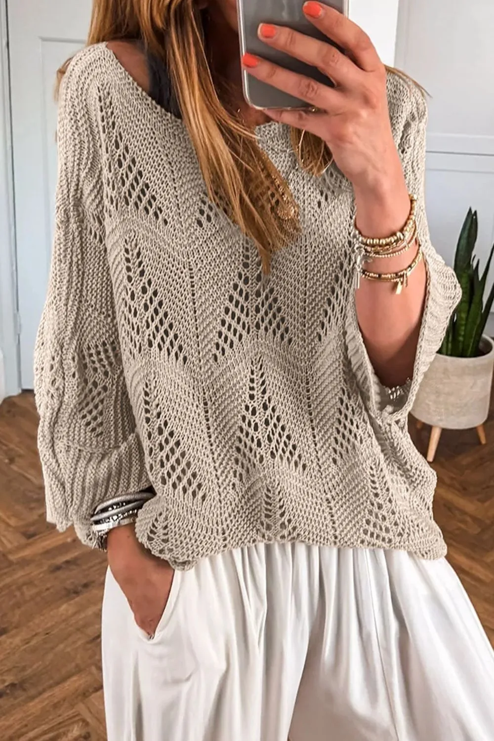Openwork Round Neck Knit Top, image 3