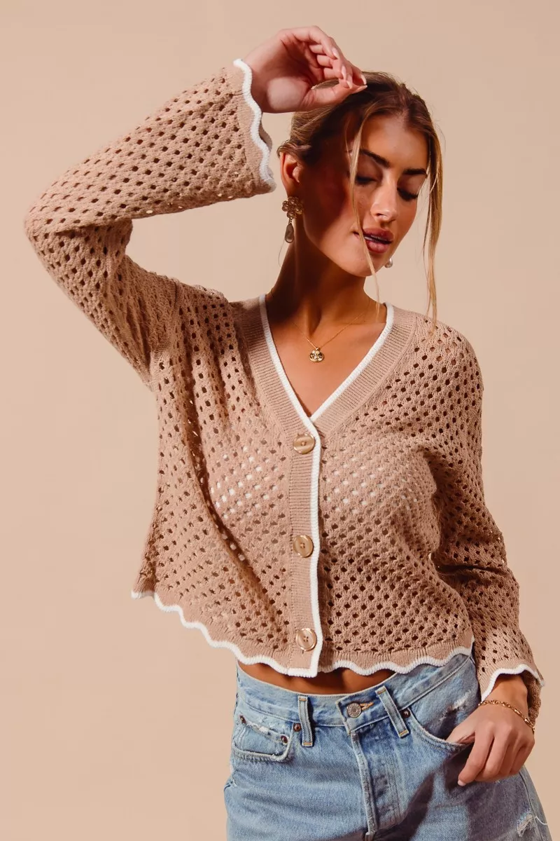 Open Knit Light Weight Sweater Cardigan With Contrast Wavy Scallop Edge, image 10