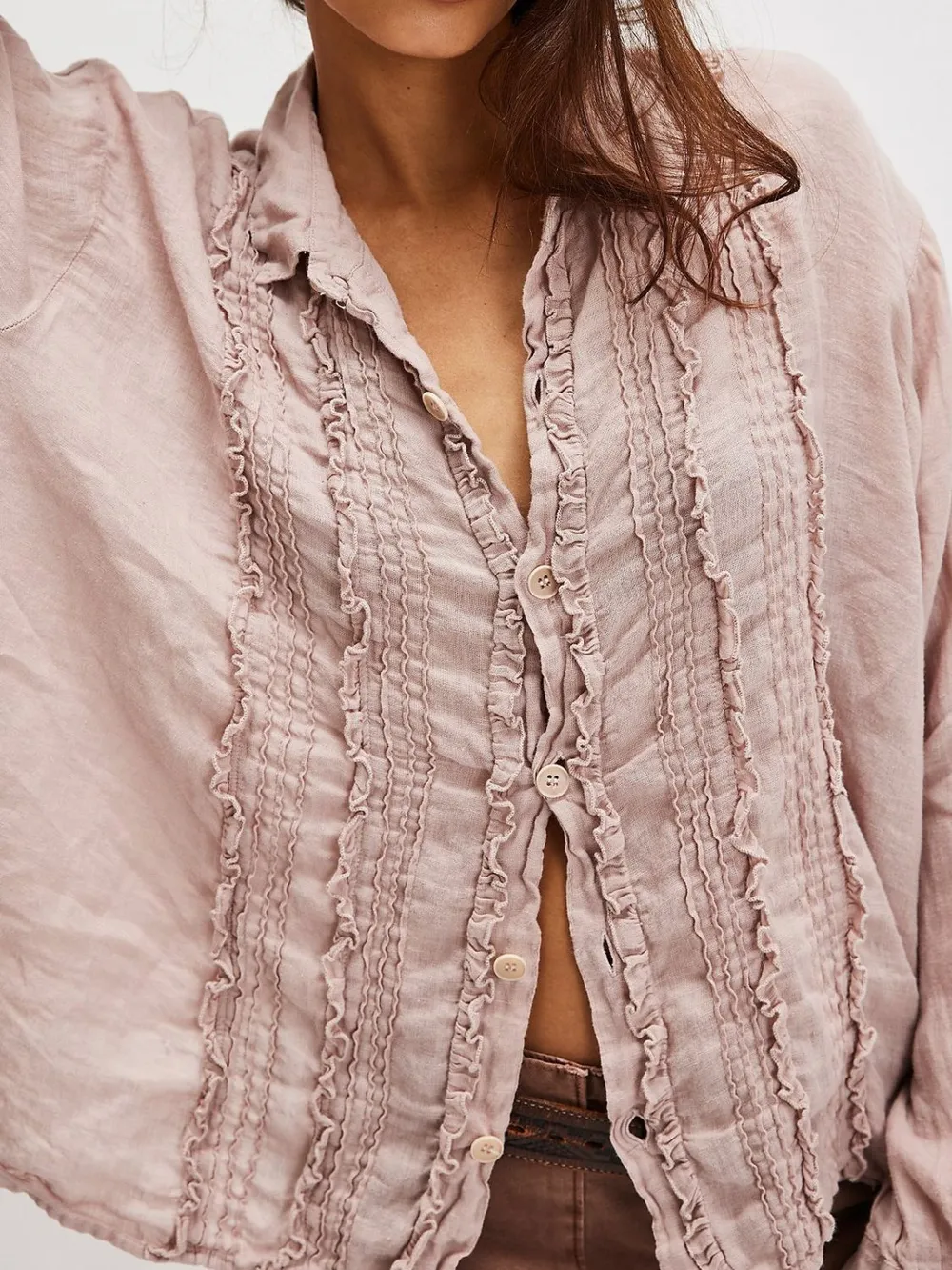 Frill Ruched Collared Neck Long Sleeve Shirt, image 11