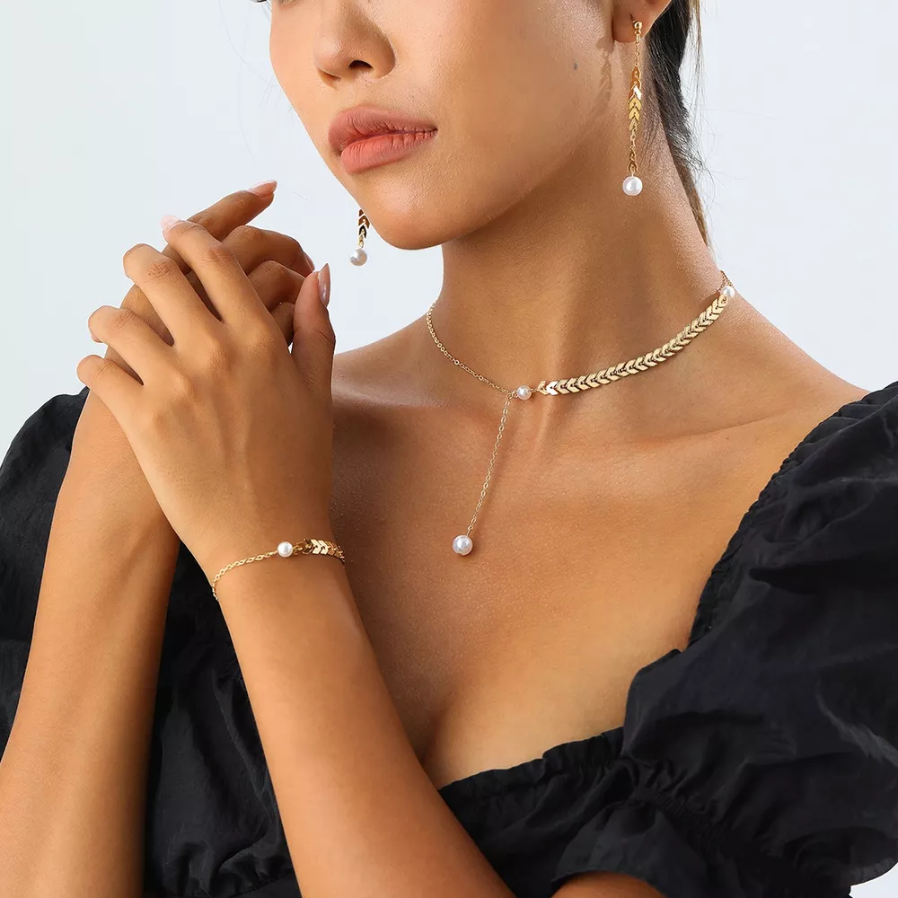 Wheat‑Spike Faux Pearl Necklace Bracelet Earrings 3‑Pcs Jewelry Set