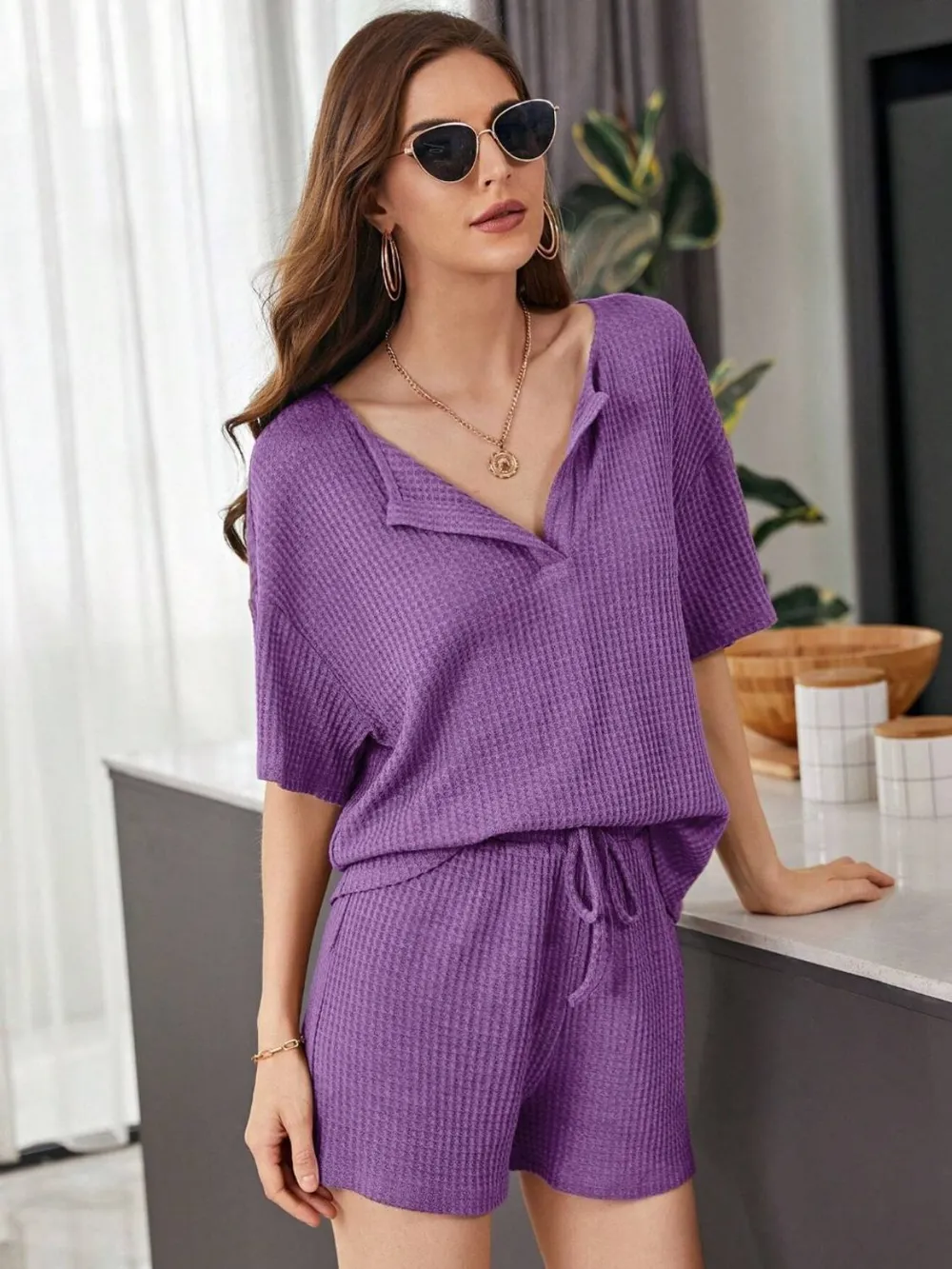 Full Size Waffle-Knit Dropped Shoulder Top and Shorts Set, image 23