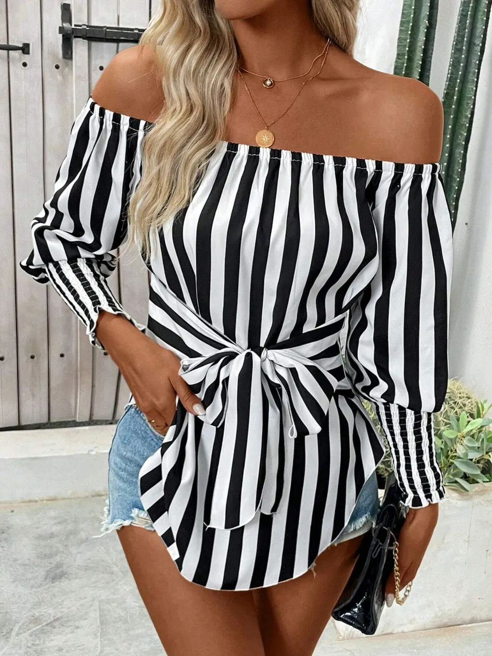 Striped Off-Shoulder Long Sleeve Blouse, image 2