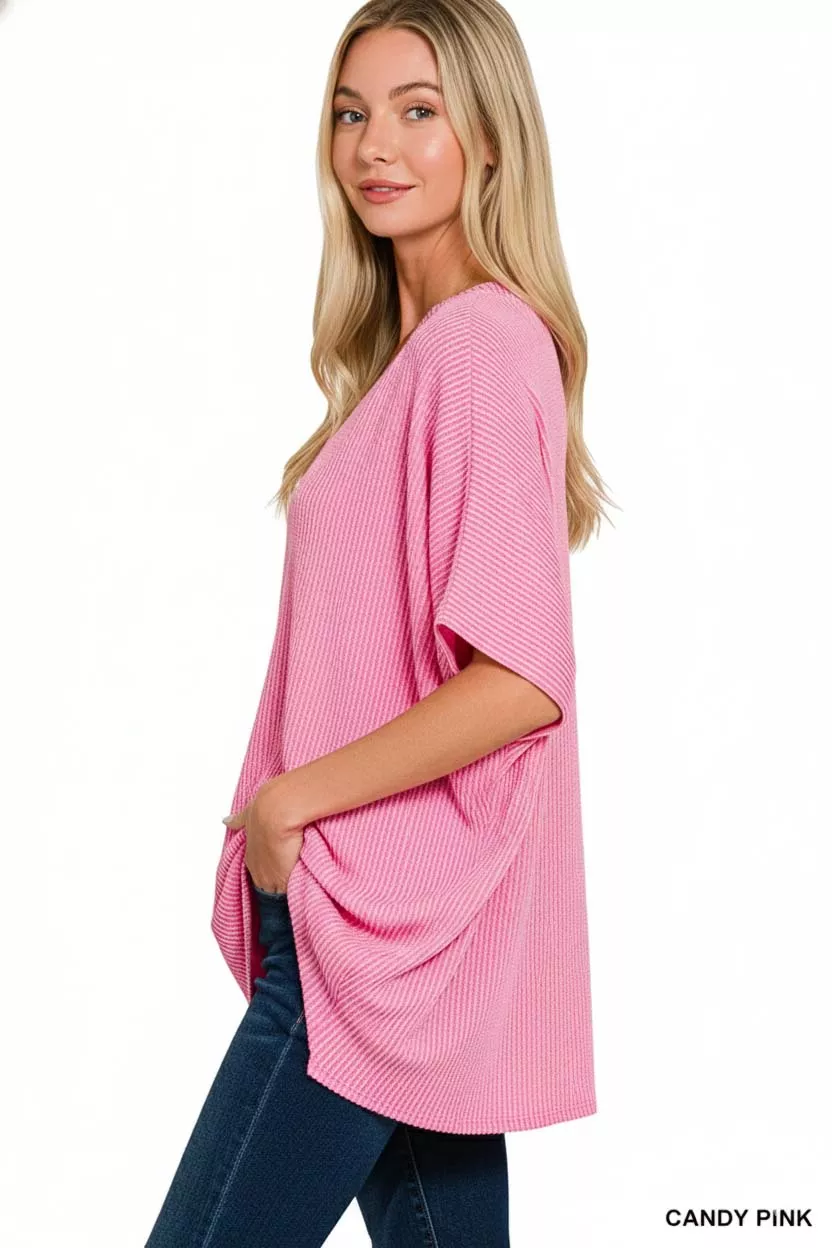 Raised Rib V-Neck Batwing Top, image 2