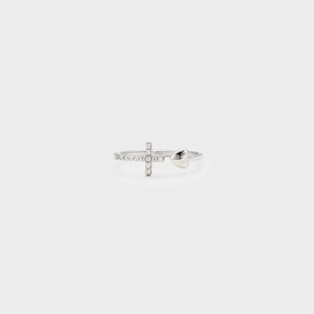 Heart Shape Cross Inlaid Zircon Open Ring, image 2