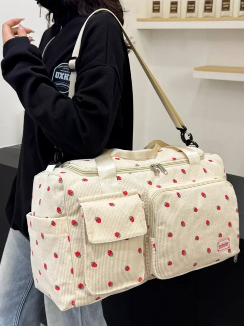 Strawberry Print Corduroy Travel Bag