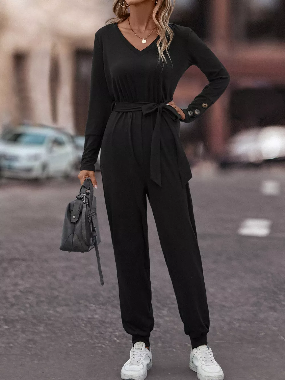 V-Neck Long Sleeve Tie Waist Jumpsuit, image 2