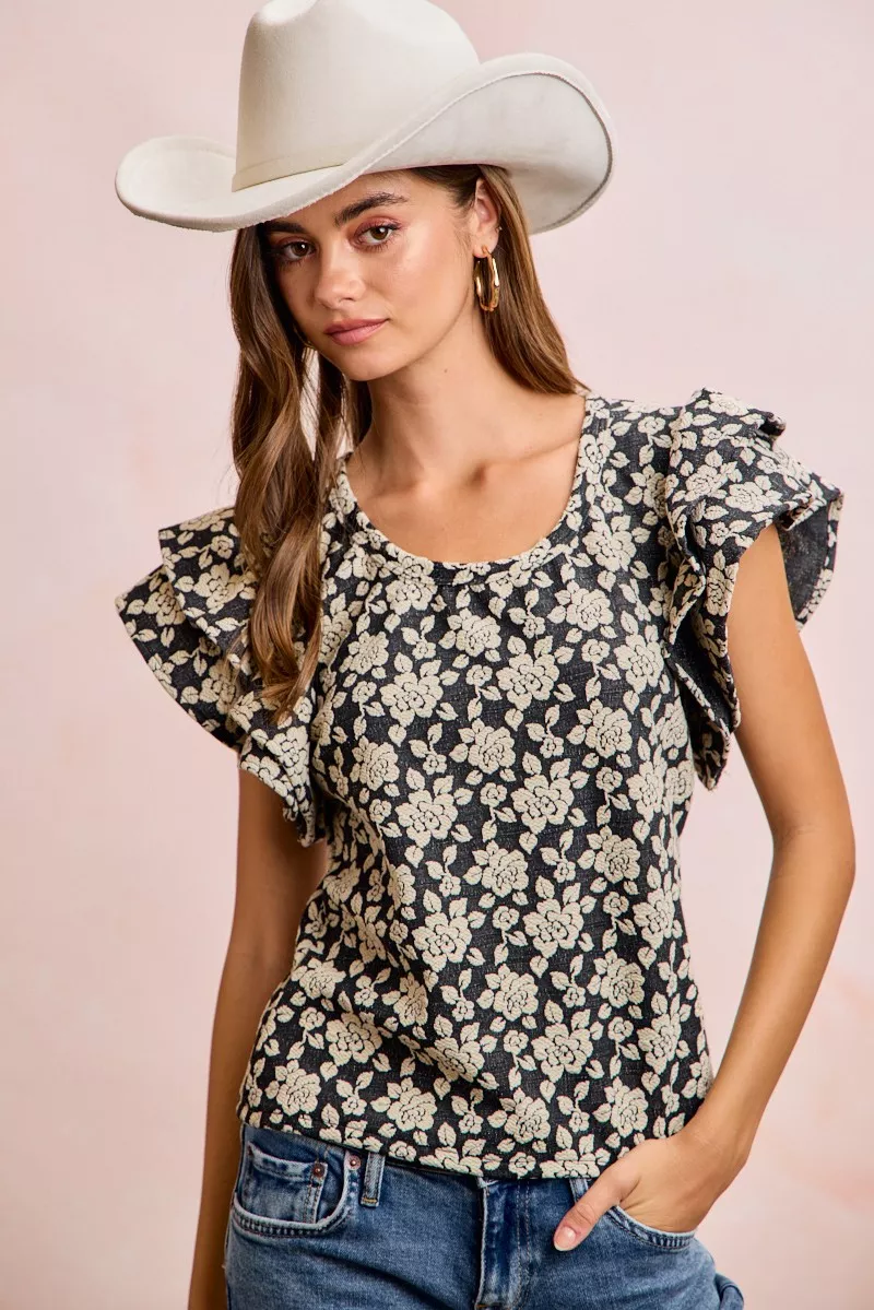 BiBi Floral Jacquard Ruffle Sleeves Knit Top, image 11