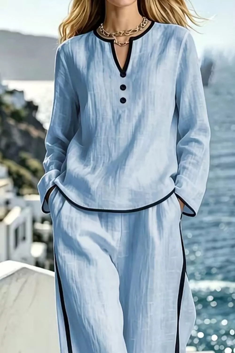 Contrast Trim Long Sleeve Top and Pants Set, image 5
