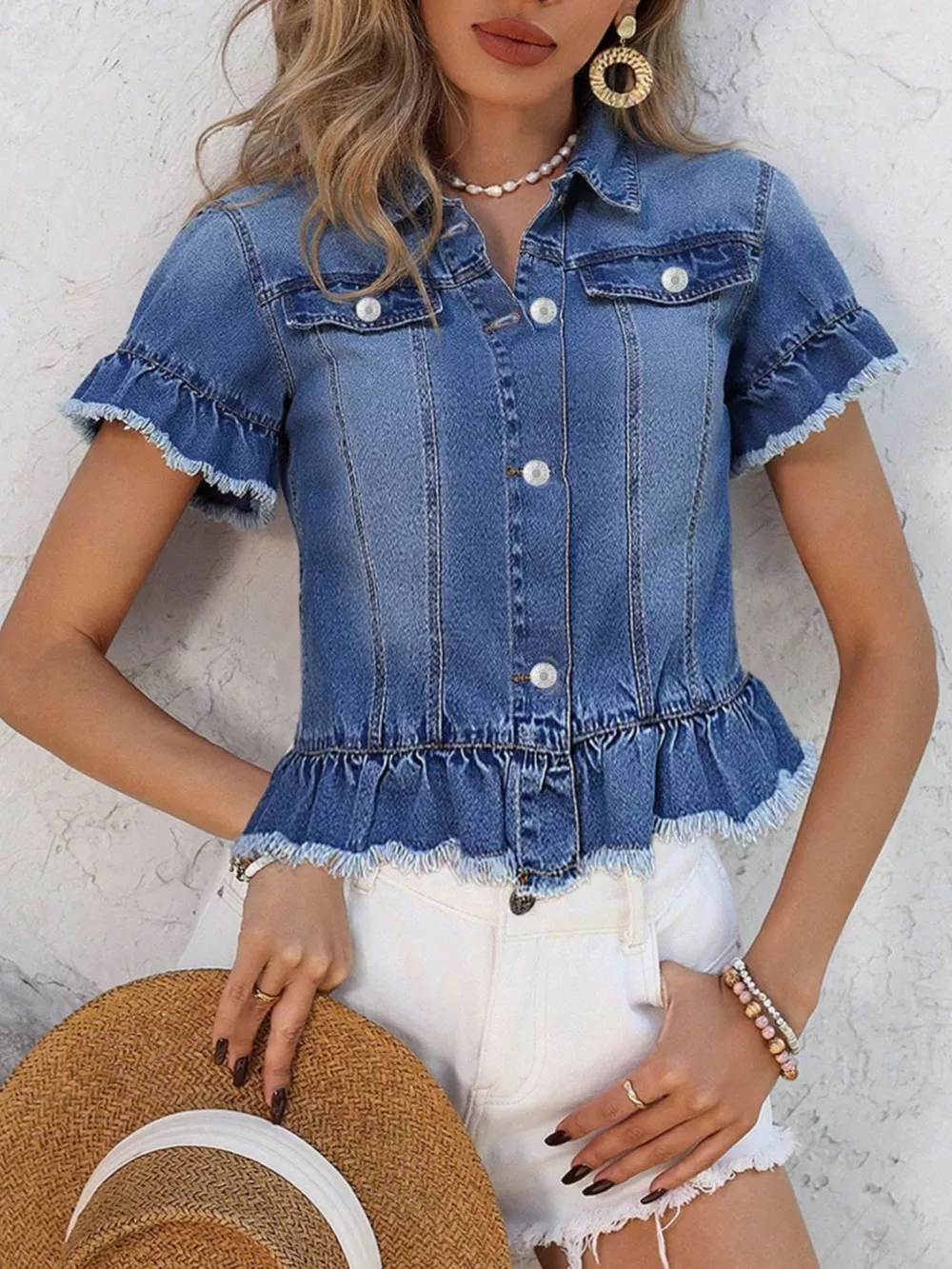 Ruffle Hem Short Sleeve Denim Jacket, image 4