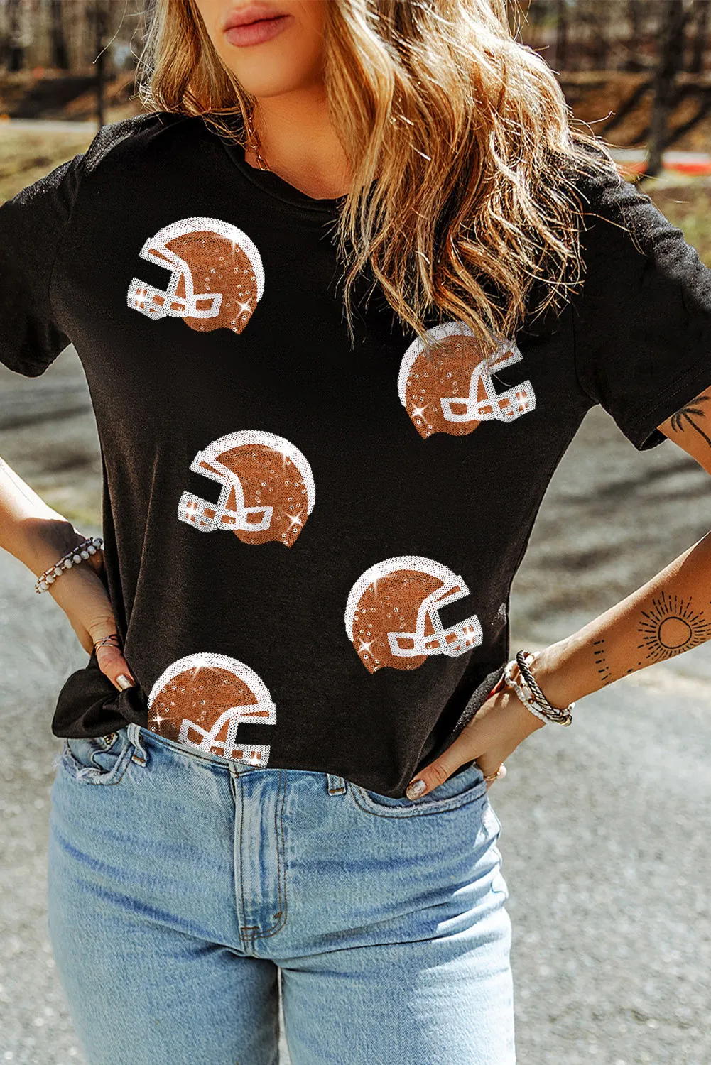 Sequin Round Neck Short Sleeve T-Shirt, image 2