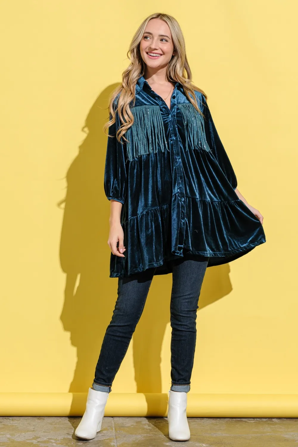 Fringe Detailed Velvet Shirt Dress, image 5