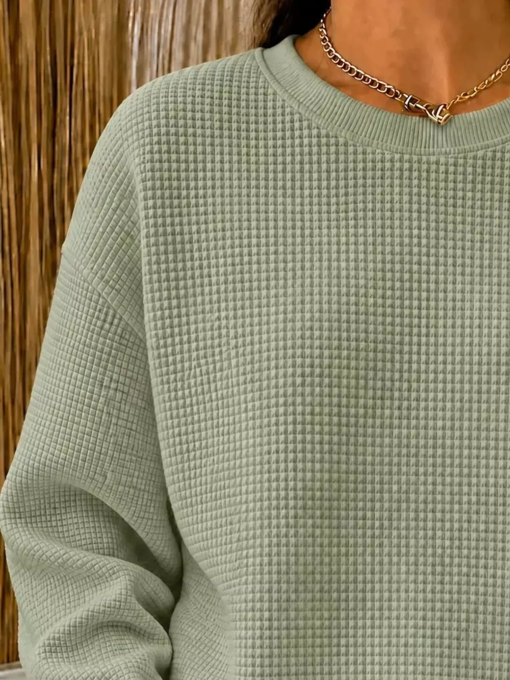 Full Size Waffle Knit Crewneck Sweatshirt Plus Size, image 12