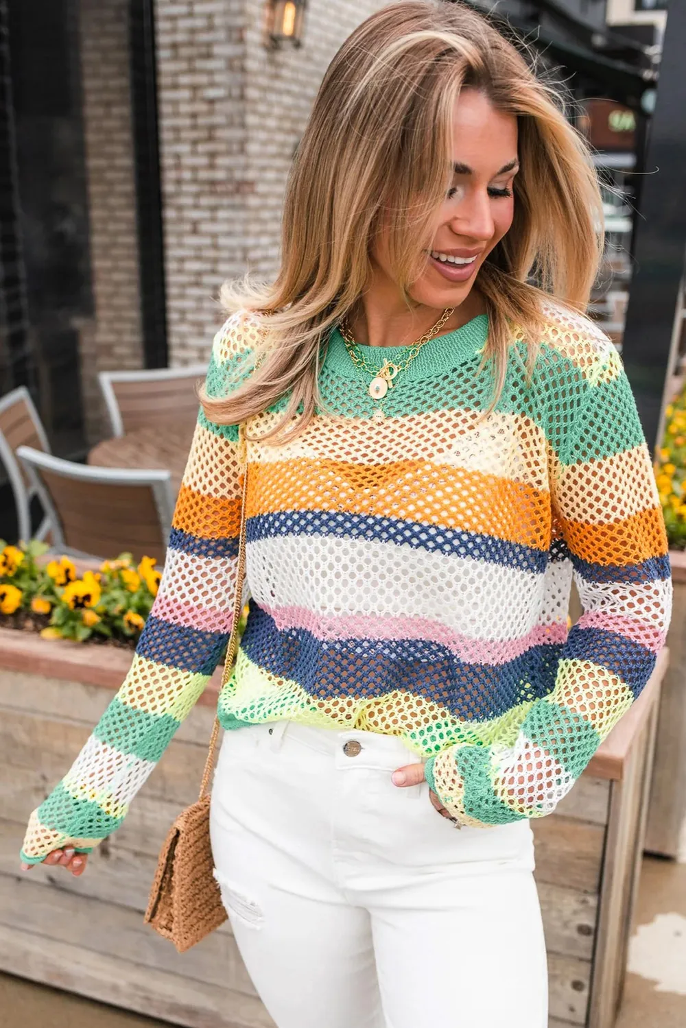 Openwork Contrast Striped Round Neck Knit Top, image 5