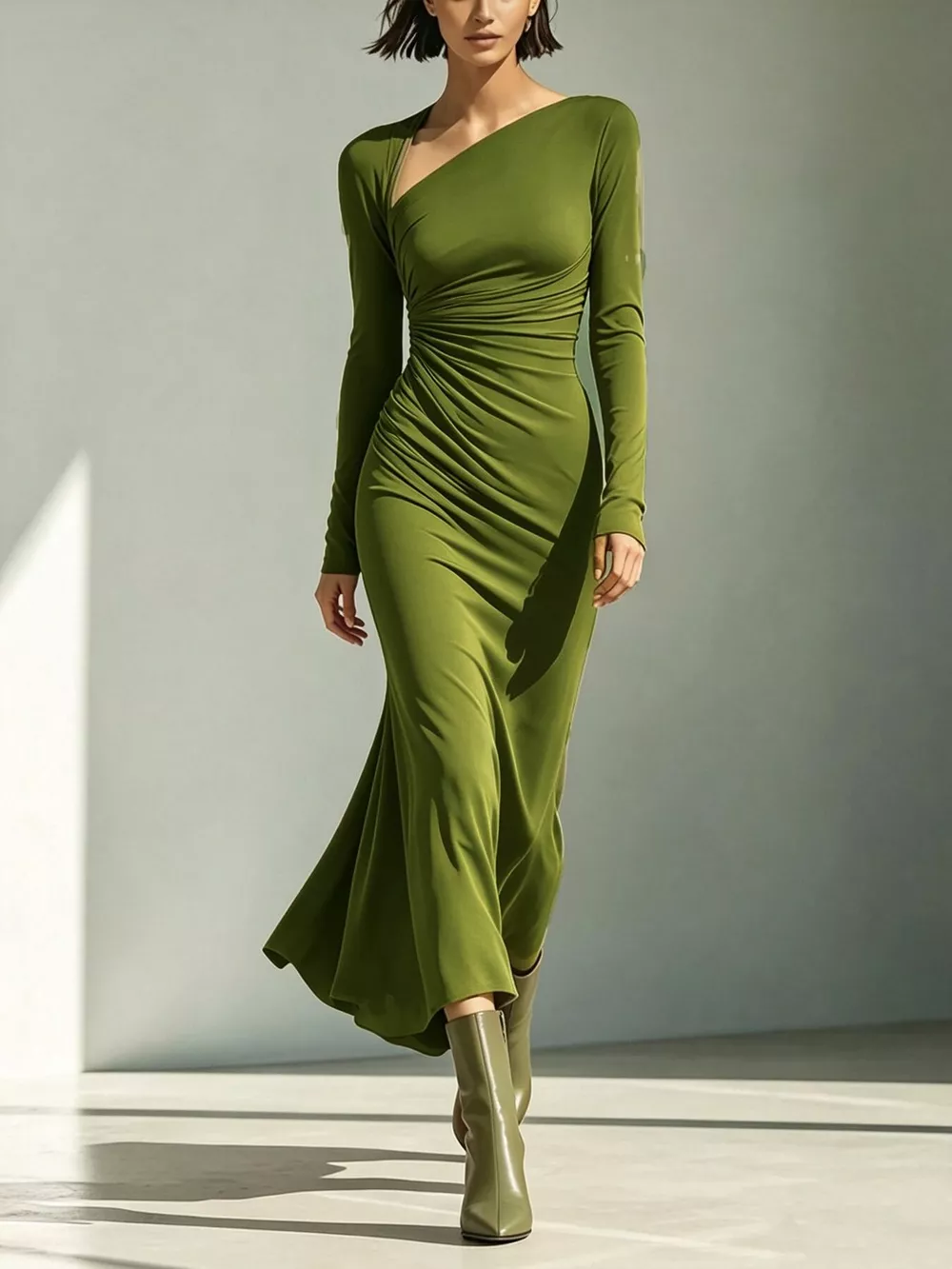 Asymmetrical Neck Ruched Long-Sleeve Dress, image 5
