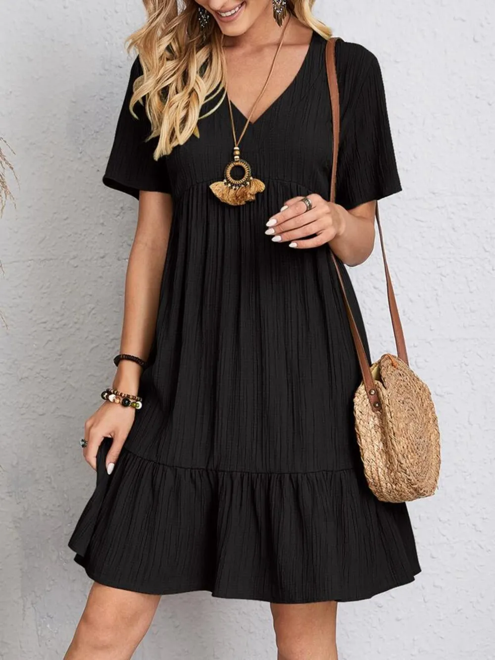 Full Size V-Neck Short Sleeve Dress, image 9