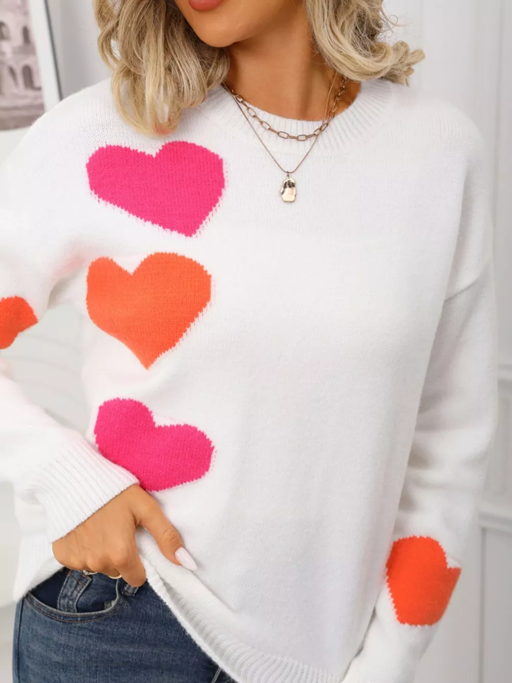 Valentine's Day Heart Pattern Round Neck Sweater, image 7