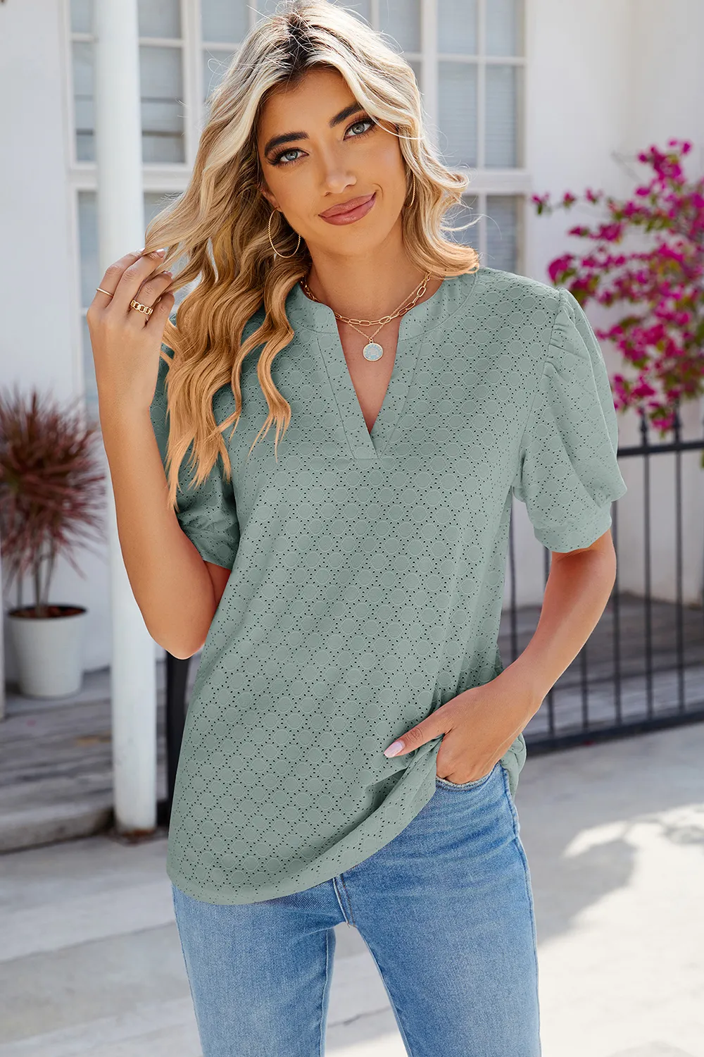 Eyelet Notched Puff Sleeve T-Shirt, image 22