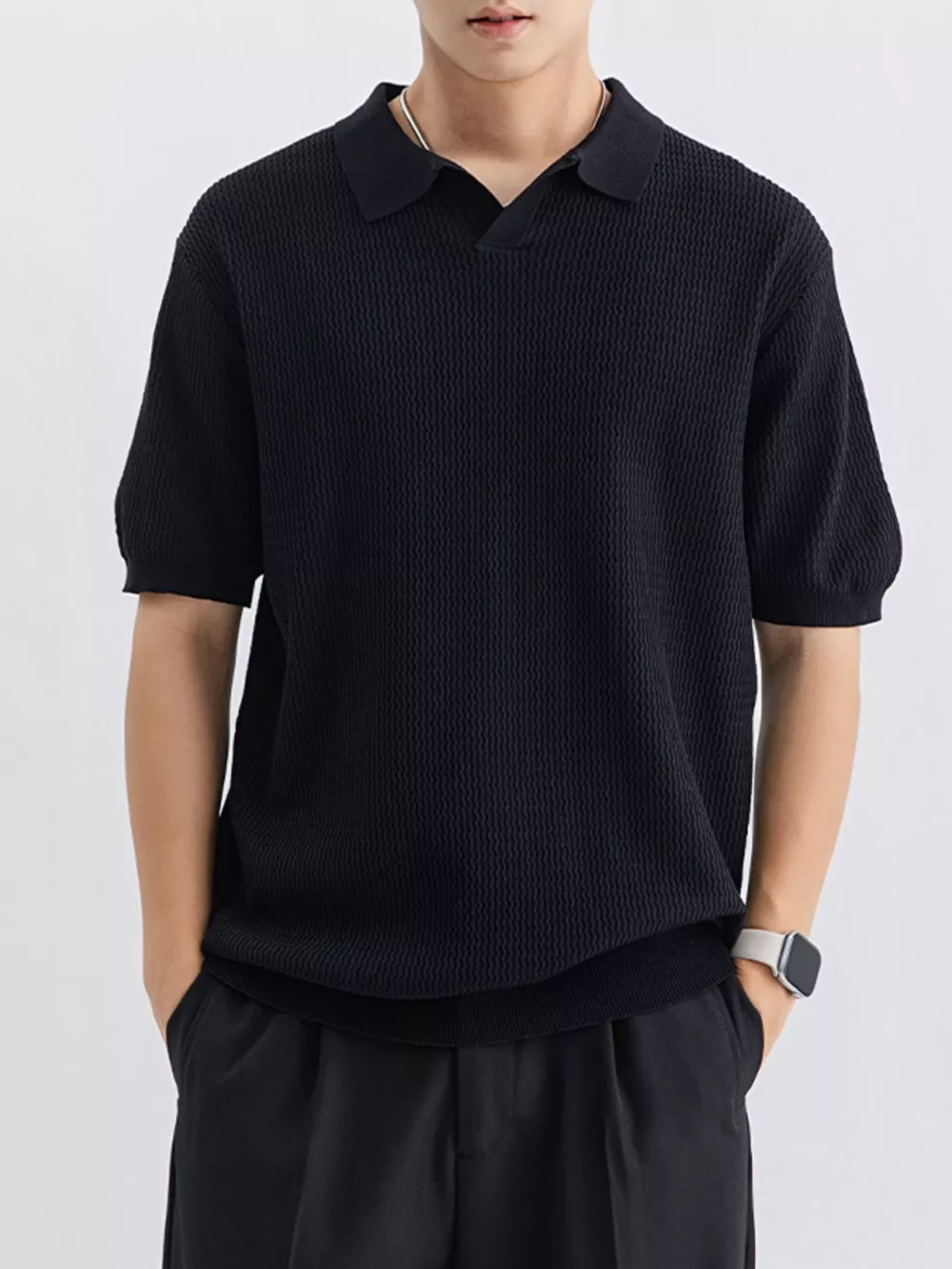 Men's Plus Size Textured Knit Short Sleeve Polo, image 6