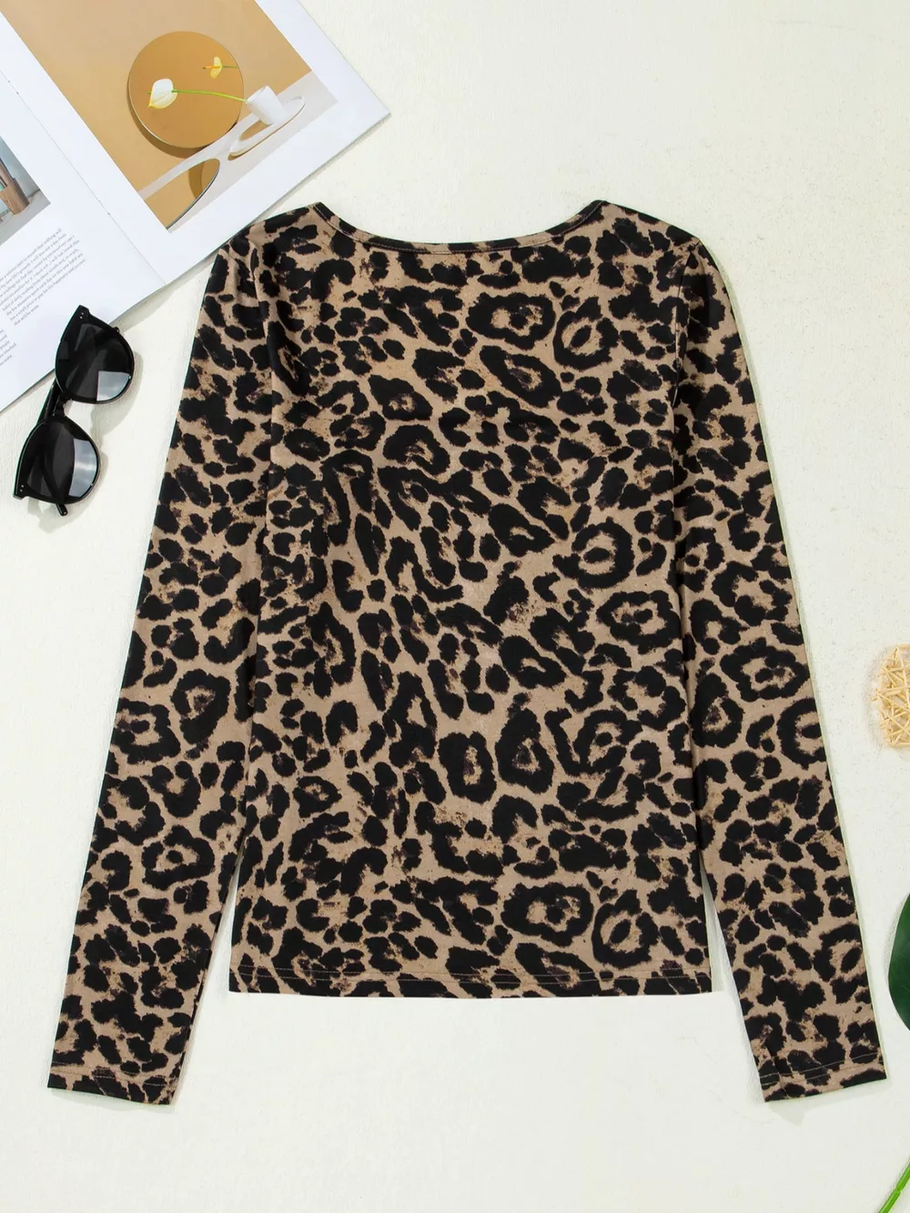 Leopard Print Square Neck Long Sleeve Top, image 6