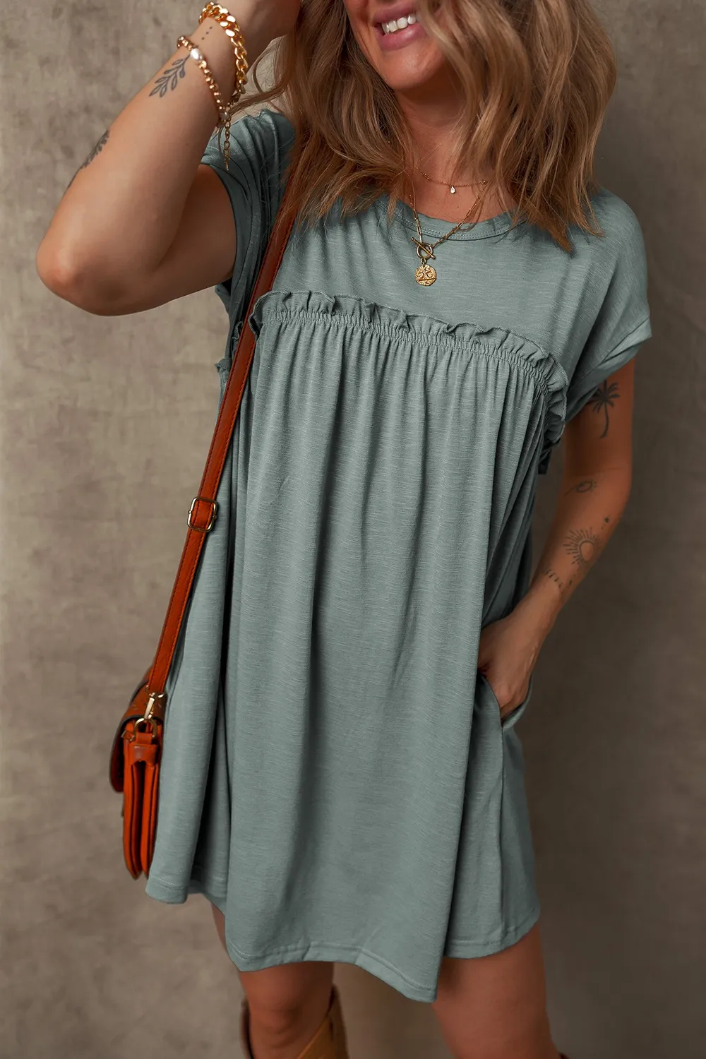 Frilled Gathered Seam Round Neck T Shirt Dress, image 5