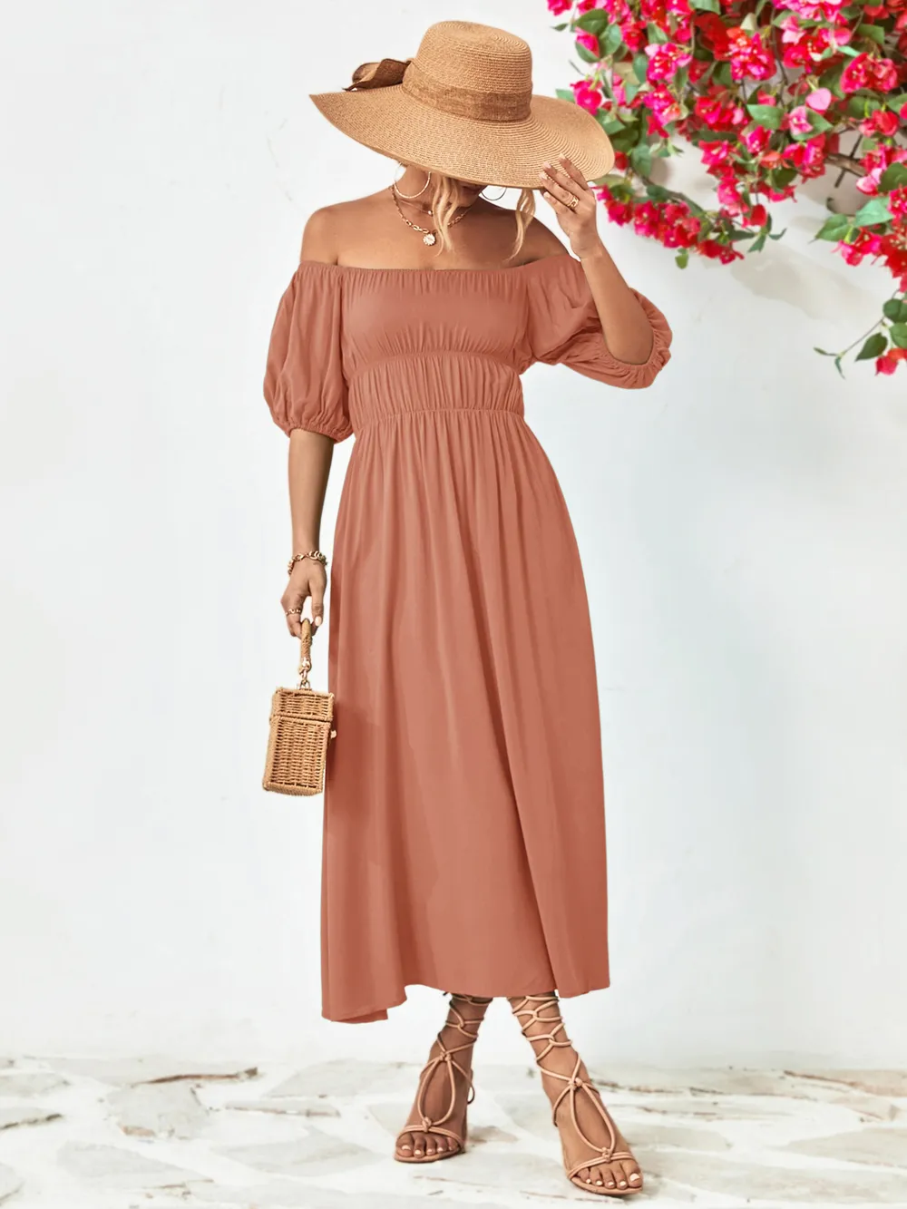 Off-Shoulder Puff Sleeve Smocked Maxi Dress, image 11