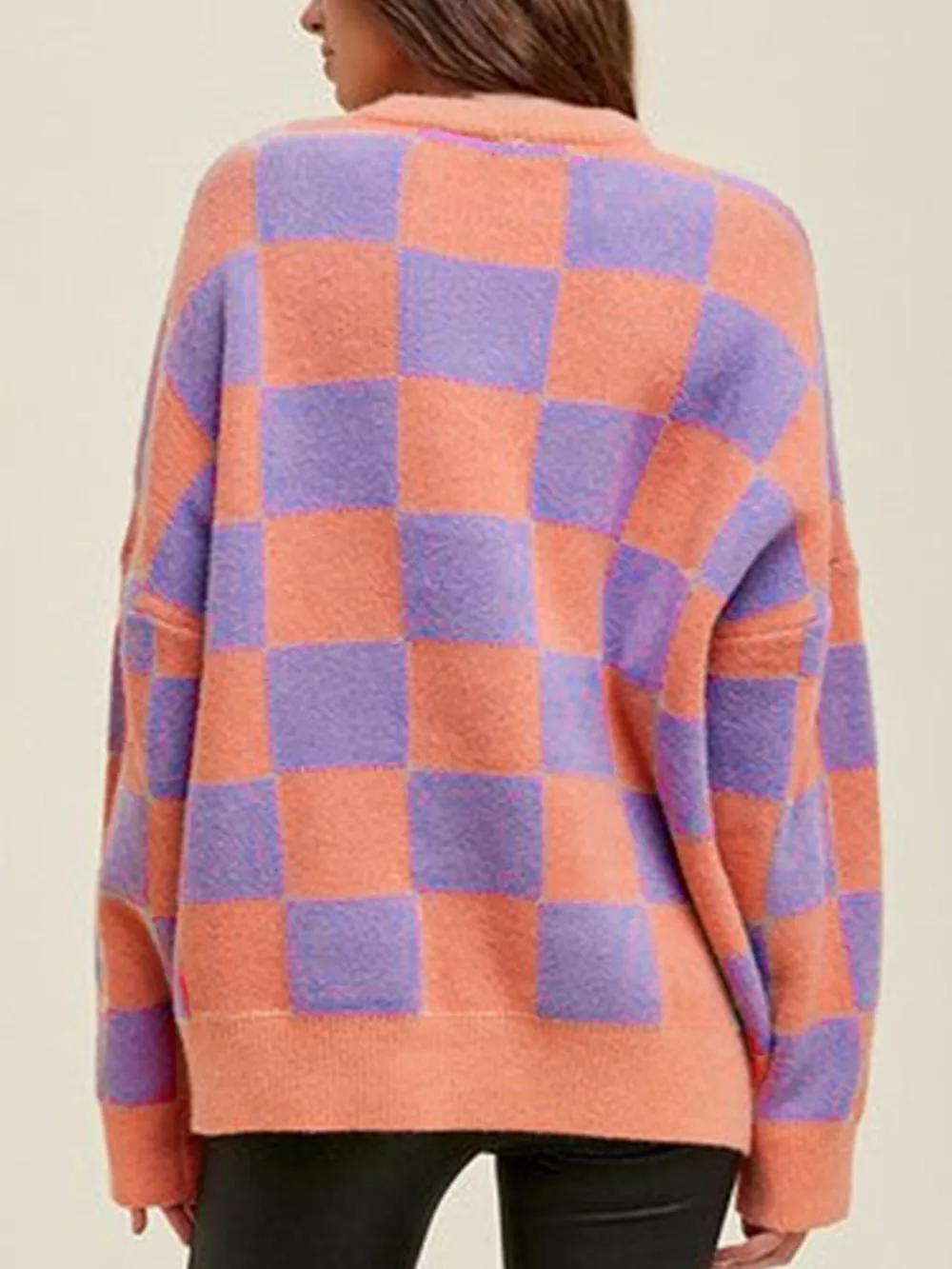 Checkerboard Chic Round Neck Sweater, image 3