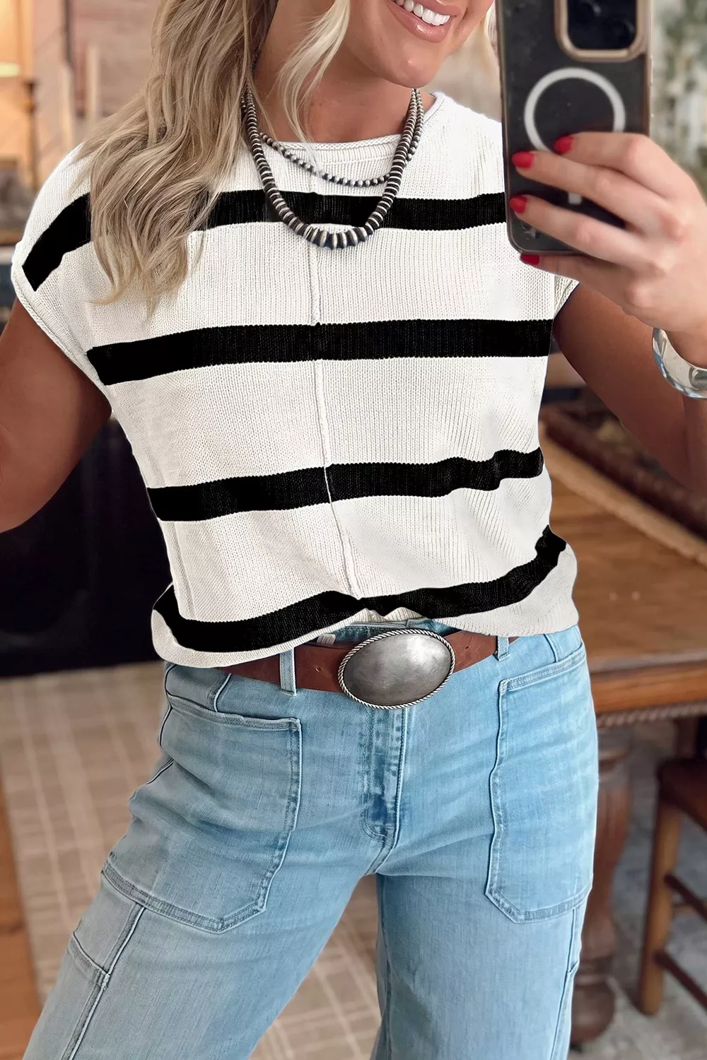 Stripe Knit Western Short Sleeve Sweater, image 5