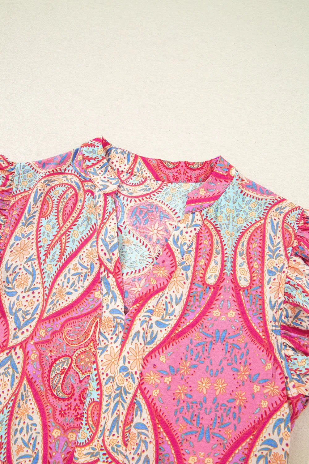 Tribal Paisley Print Ruffled Sleeve Notch Neck Midi Dress, image 7
