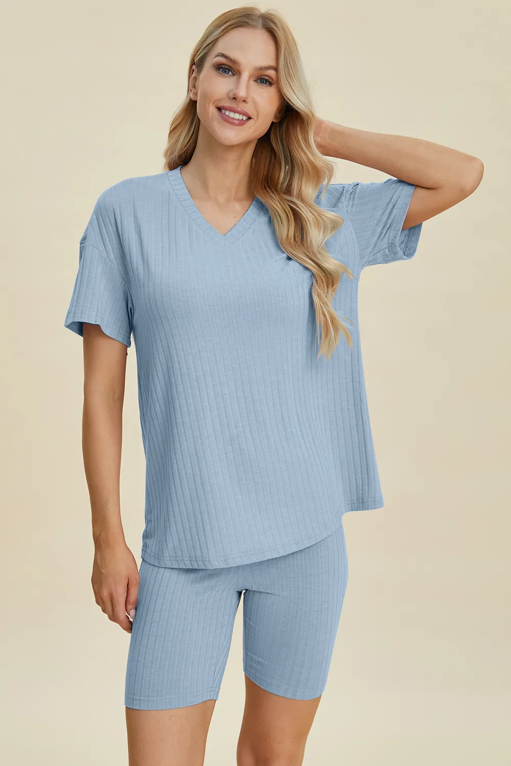 Full Size Ribbed V-Neck Short Sleeve Top and Shorts Set, image 10