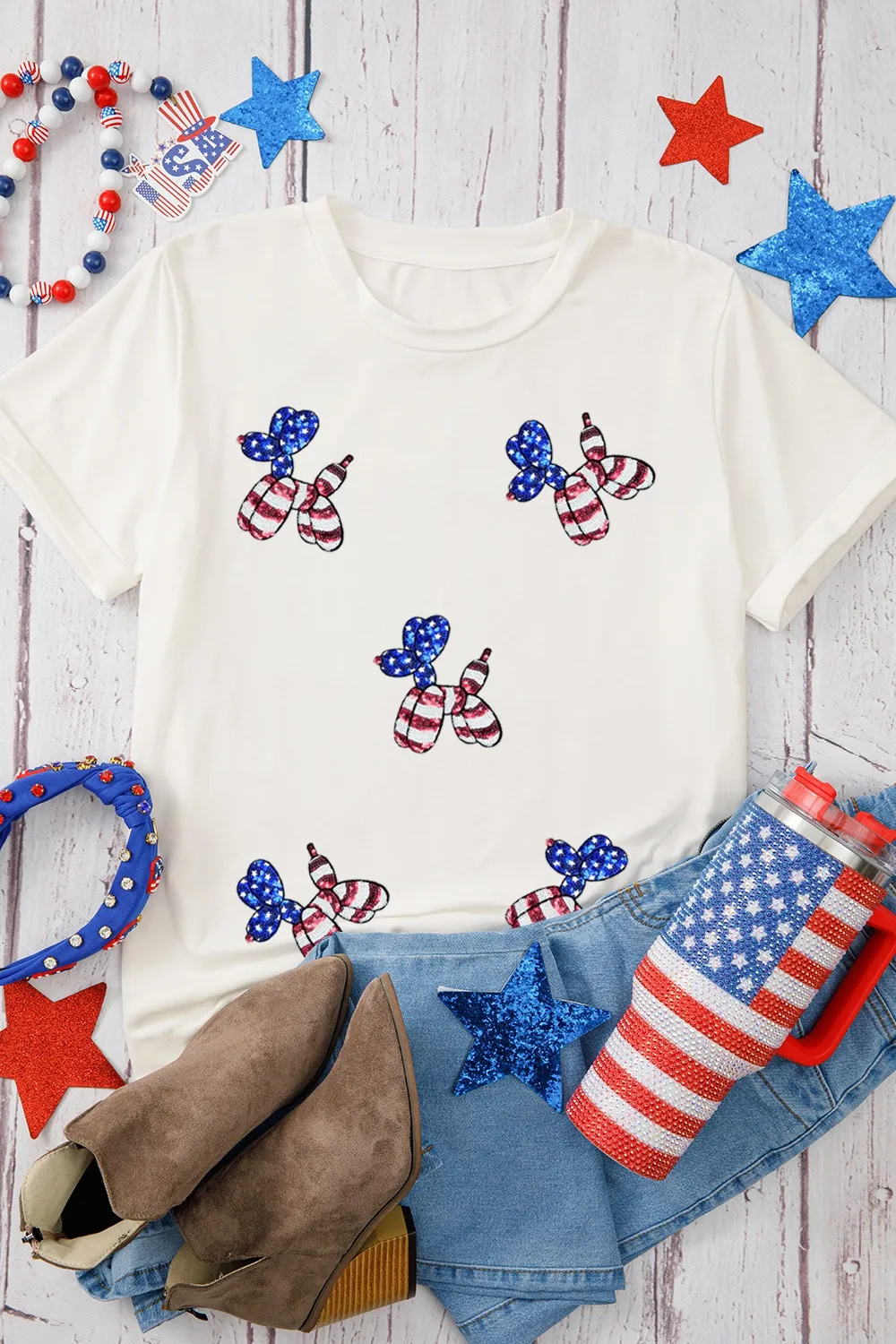Sequin Stars and Stripes Balloon Puppy Graphic Crewneck Tee, image 7