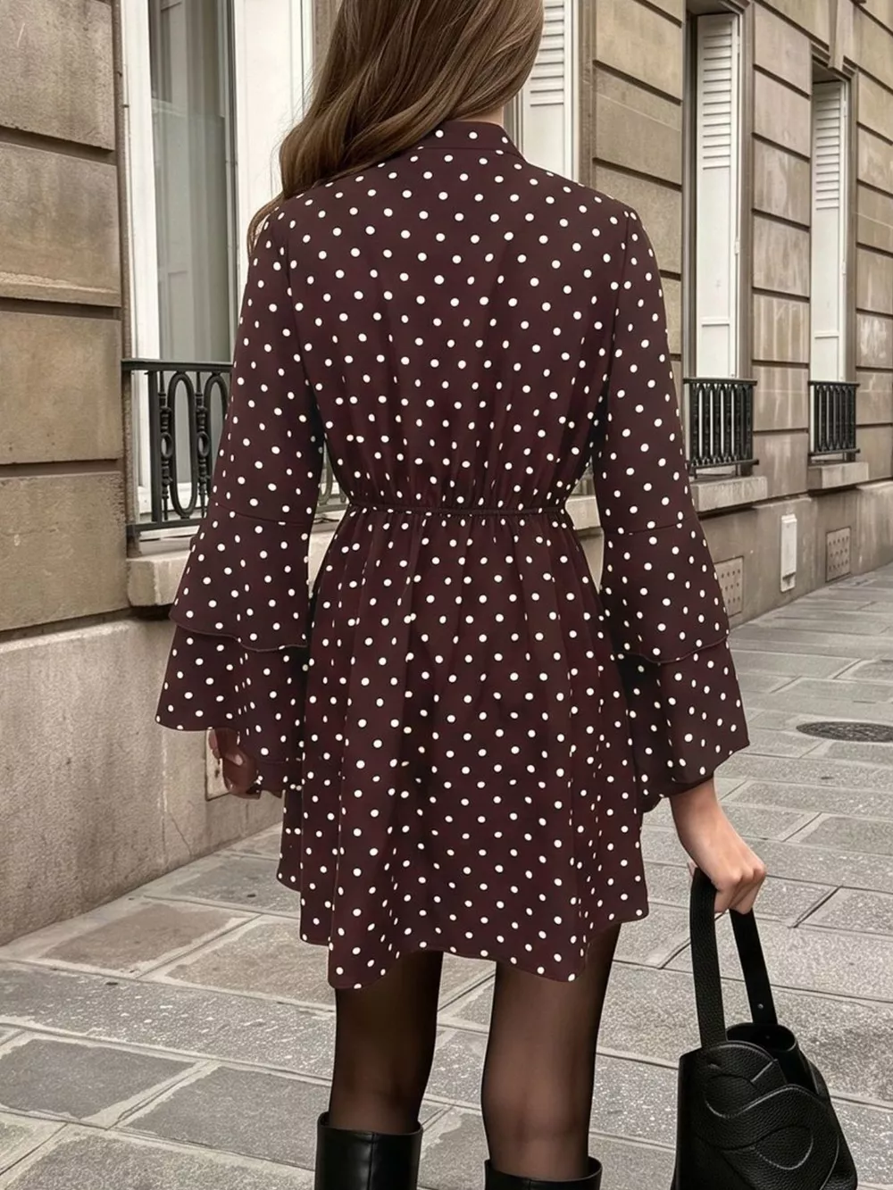 Polka Dot Flare Sleeve Tie Neck Dress, image 4
